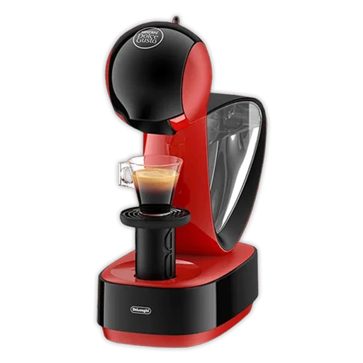 Cafetera Dolce Gusto Infinissima De'Longhi roja: diseño moderno y compacto Cafetera Dolce Gusto Infinissima roja con negro de De'Longhi, sirviendo un café en una taza de vidrio pequeña.