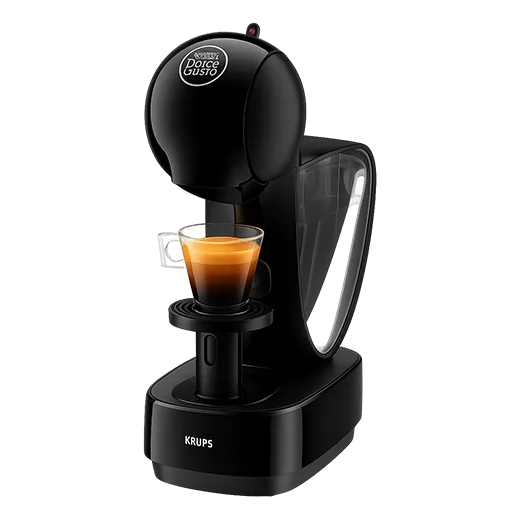 Cafetera Dolce Gusto Infinissima Krups negra: ideal para espresso en casa Cafetera Dolce Gusto Infinissima negra de Krups preparando un espresso en una taza de vidrio transparente. Autor: no especificado.