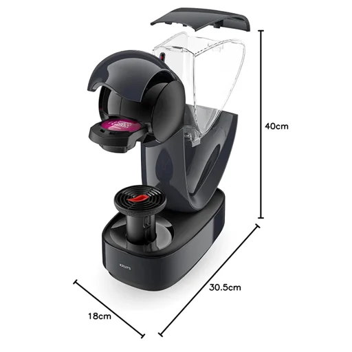 Dimensiones de la Cafetera Dolce Gusto Infinissima negra con cápsula incluida Vista lateral de la Cafetera Dolce Gusto Infinissima negra con medidas visibles: 40 cm de alto, 30.5 cm de fondo y 18 cm de ancho.