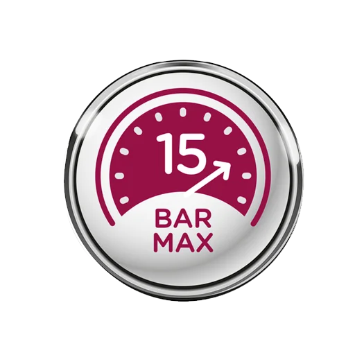 Presión de 15 bares en cafetera Dolce Gusto Infinissima: máxima extracción de sabor Ícono circular con medidor que indica 15 bares de presión máxima, característica de la cafetera Dolce Gusto Infinissima. Autor: no especificado.