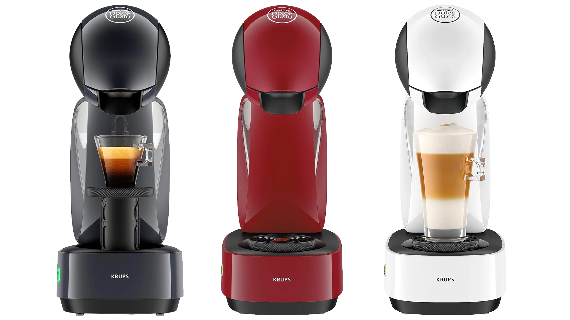 Cafetera Dolce Gusto Infinissima Krups: diseño compacto en negro, rojo y blanco Tres cafeteras Dolce Gusto Infinissima de Krups en colores negro, rojo y blanco, mostrando diferentes tipos de café en tazas de vidrio. Autor: no especificado.