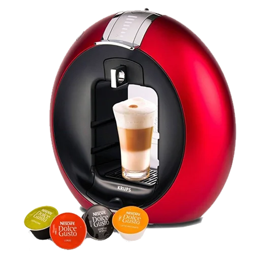 Cafetera Dolce Gusto Circolo roja con cápsulas y latte servido – Krups Cafetera Dolce Gusto Circolo de Krups en color rojo preparando un latte macchiato, junto a cápsulas de diferentes sabores.