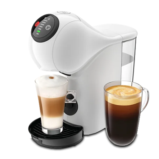 Cafetera Dolce Gusto Genio S blanca con café espresso y latte Cafetera Dolce Gusto Genio S blanca con dos tazas: una de café espresso y otra de latte macchiato, junto a su depósito de agua y panel de control superior.