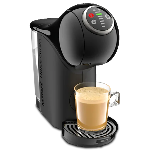 Cafetera Dolce Gusto Genio S negra preparando café espresso Cafetera Dolce Gusto Genio S negra con una taza de café recién preparado en su bandeja, diseño moderno y compacto con botones de control iluminados.
