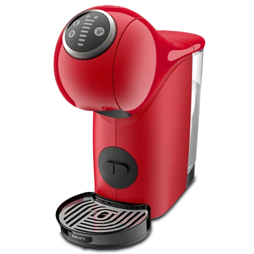 Cafetera Genio S Dolce Gusto roja ideal para cocina moderna Cafetera Dolce Gusto Genio S roja sin taza, con diseño compacto, panel de control superior y depósito de agua transparente en la parte trasera.