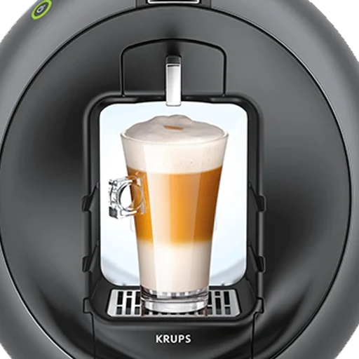 Cafetera Krups Circolo Dolce Gusto negra con latte macchiato espumoso Cafetera Dolce Gusto Circolo negra de Krups preparando un latte macchiato espumoso en vaso de cristal, con diseño circular moderno.