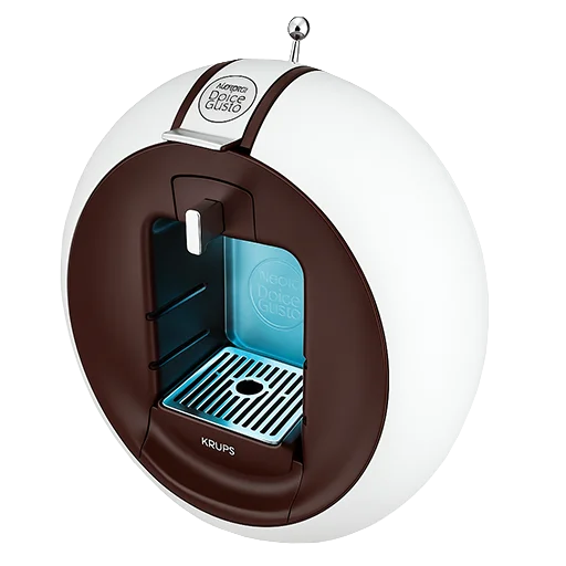Cafetera Krups Dolce Gusto Circolo blanco y marrón con luz azul decorativa Cafetera Dolce Gusto Circolo de Krups en blanco y marrón, vista lateral, sin taza, con luz azul encendida y diseño circular elegante.