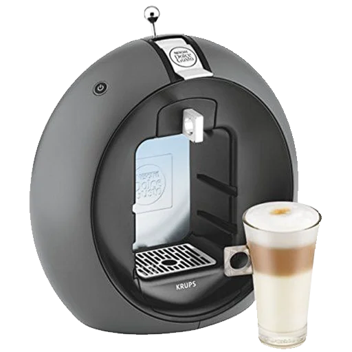 Cafetera Krups Dolce Gusto Circolo gris oscuro con latte macchiato servido Cafetera Dolce Gusto Circolo de Krups en gris oscuro, vista lateral, acompañada de un vaso con latte macchiato espumoso.