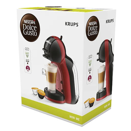 Caja Doce gusto Krups Mini me Tres cafeteras Dolce Gusto Infinissima de Krups en colores negro, rojo y blanco, mostrando diferentes tipos de café en tazas de vidrio. Autor: no especificado.