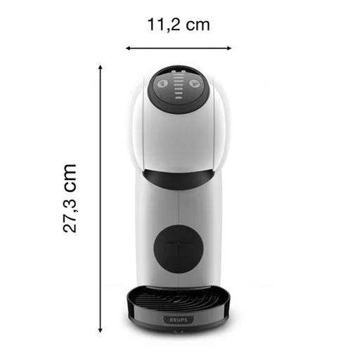 Dimensiones de la cafetera Dolce Gusto Genio S alto 27,3 cm y ancho 11,2 cm Vista frontal de la cafetera Genio S Dolce Gusto con medidas de 27,3 cm de alto y 11,2 cm de ancho. Una opción compacta dentro de las cafeteras Genio S Plus o Genio S Touch, perfecta para espacios reducidos.