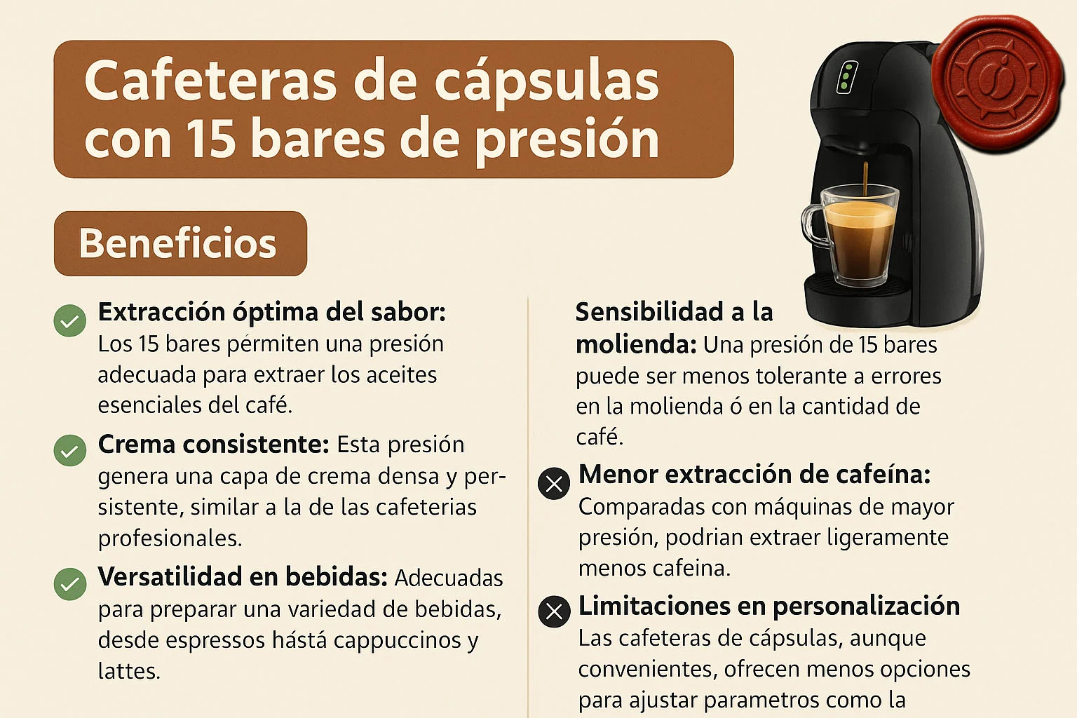 Ventajas y desventajas de cafeteras Dolce Gusto Krups con 15 bares de presión Infografía sobre cafeteras de cápsulas con 15 bares de presión, mostrando beneficios como mejor sabor, crema densa y versatilidad de bebidas, junto a desventajas como menor personalización. A la derecha, una cafetera negra prepara un espresso. Autor: Imagen de origen Destino Café