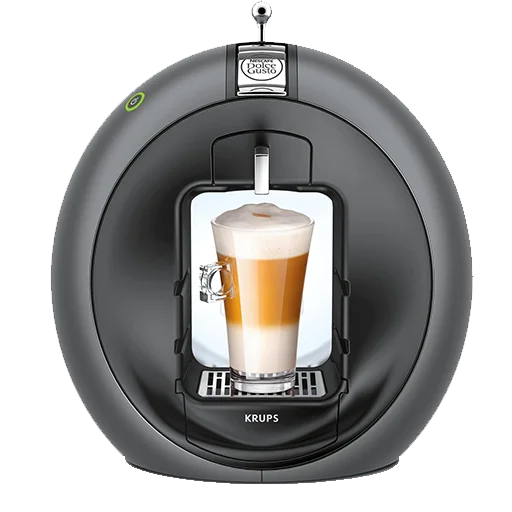 Krups Circolo cafetera Dolce Gusto negra con diseño circular y latte incluido Cafetera Dolce Gusto Circolo de Krups en color negro preparando un latte macchiato en vaso de vidrio, con diseño circular y moderno.
