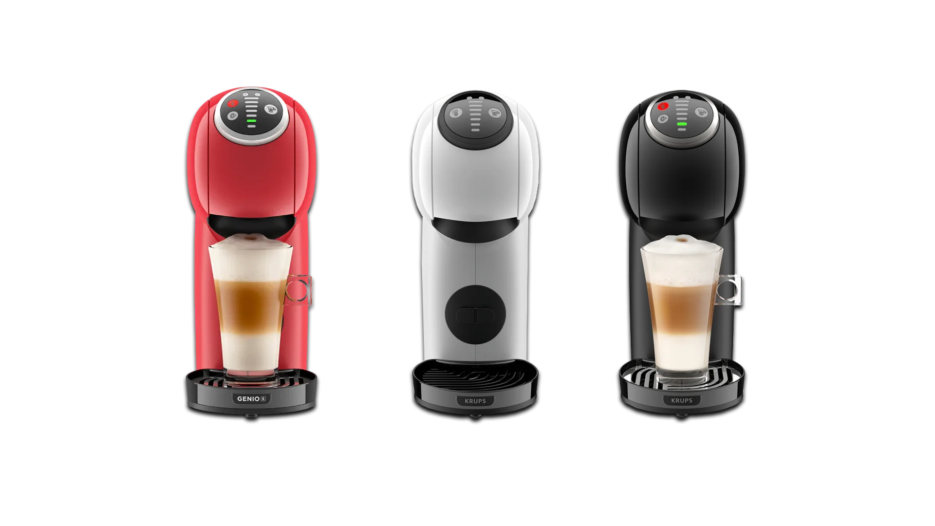 Modelos de cafetera Dolce Gusto Genio S, Plus y Touch en distintos colores Tres cafeteras Dolce Gusto Genio S en colores rojo, blanco y negro, cada una con un vaso de café con espuma en su bandeja. Modelos modernos y compactos ideales para preparar bebidas calientes.